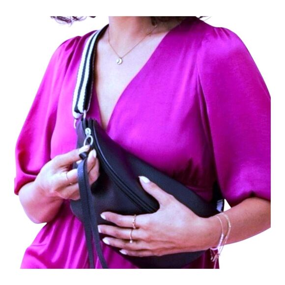 Ulta Beauty Black Sling Bag Crossbody NWT Striped Strap Pebbled Vegan Leather - Picture 2 of 10